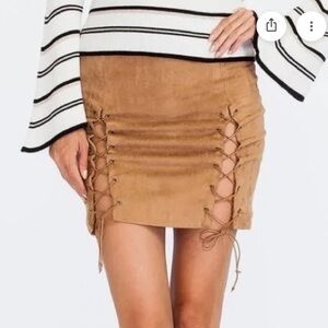Olivaceous Lace-Up Suede Mini Skirt in Brown